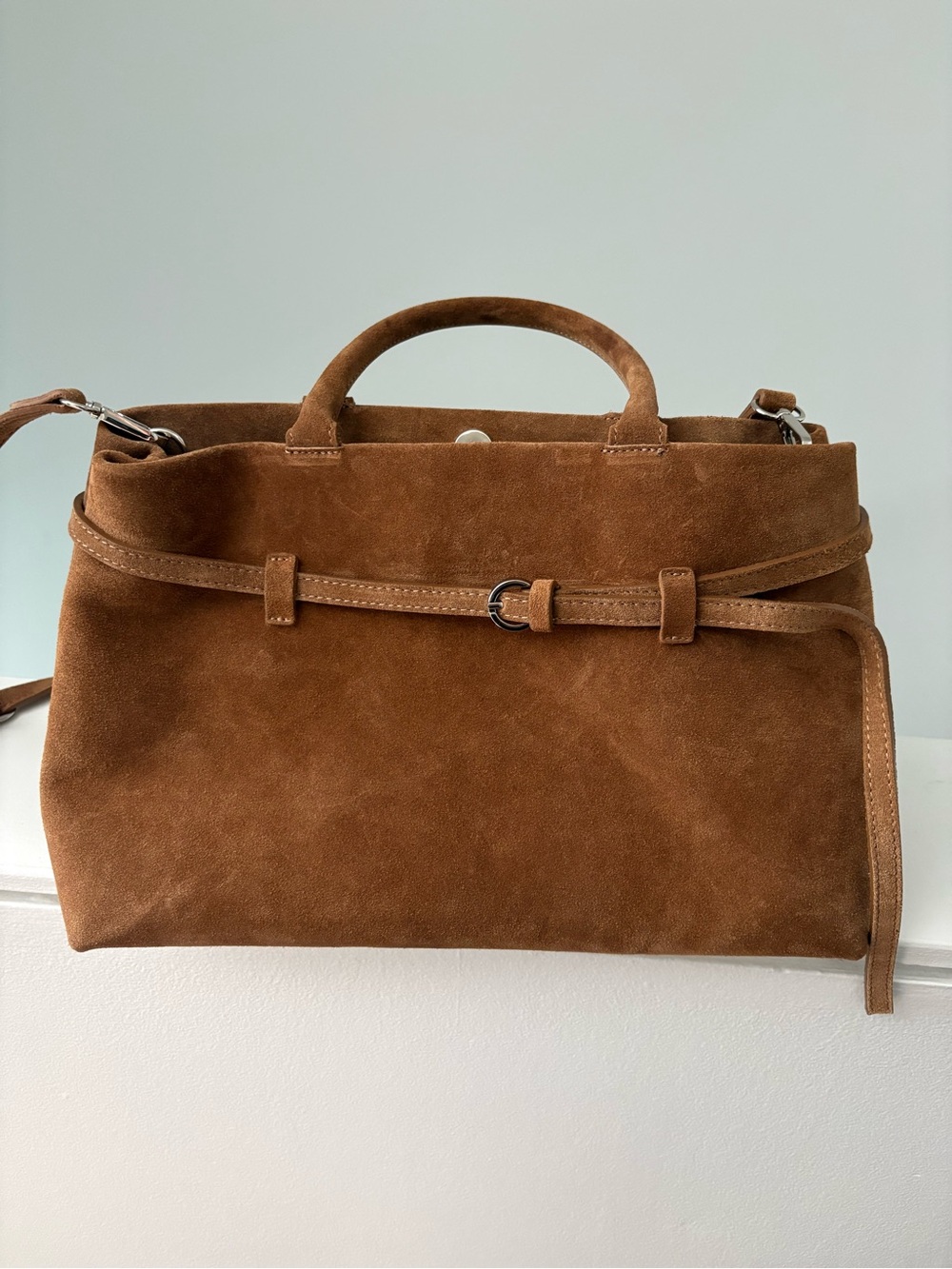 Classic Suede Top-Handle Satchel in Chestnut Brown